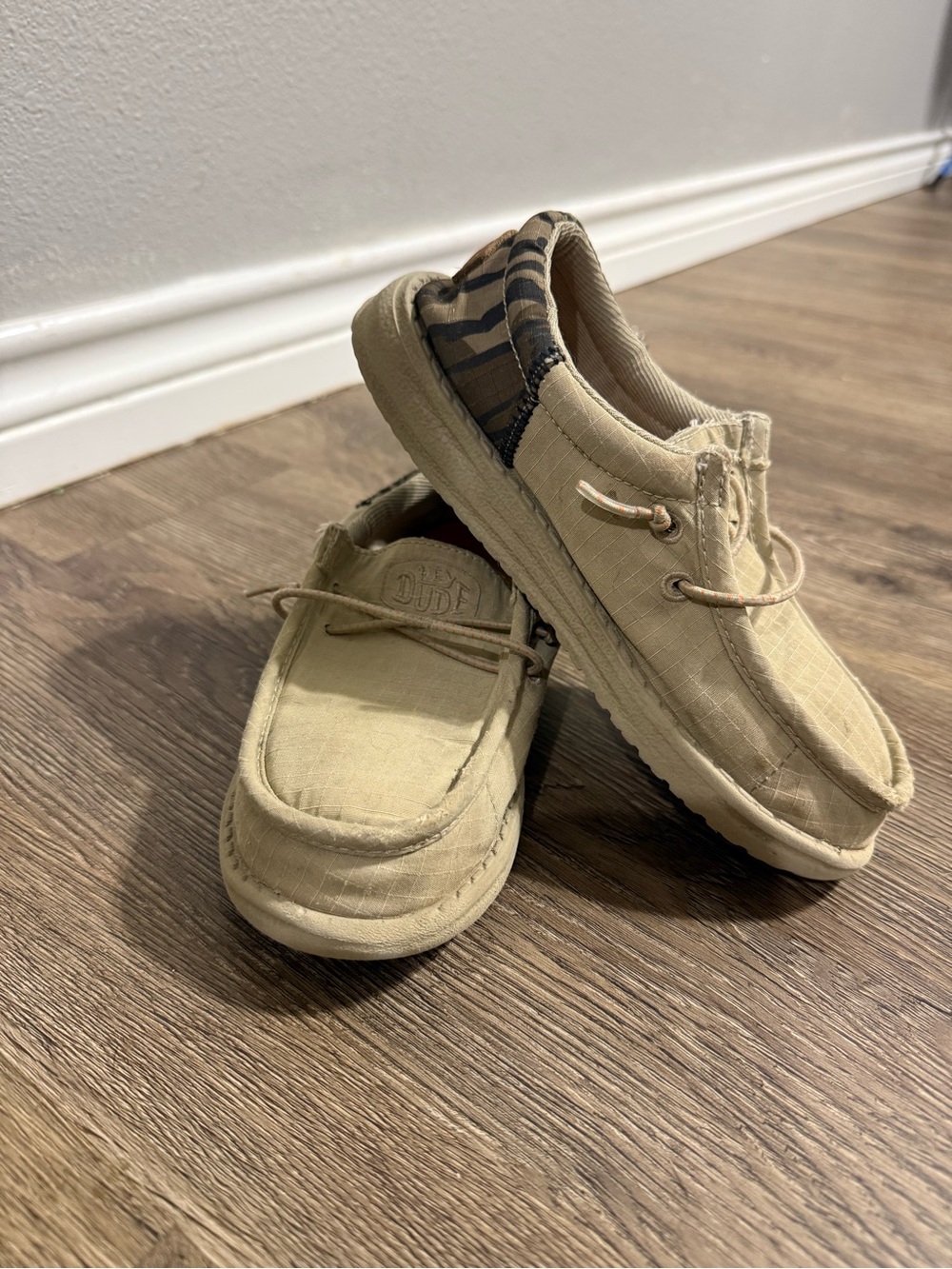 Hey Dude Kids Tan Canvas Slip-On Moccasins with Striped Heel Accent
